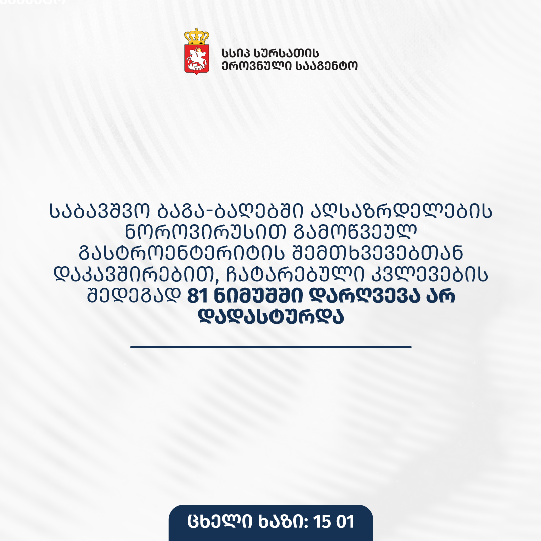 თბილისის საბავშვო ბაგა-ბაღებში სურსათის ეროვნული სააგენტო მოკვლევას აგრძელებს